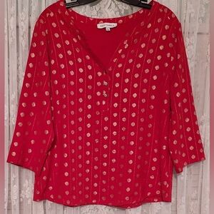 Emily Daniels Blouse Top Women's Size L Red & Metallic Gold